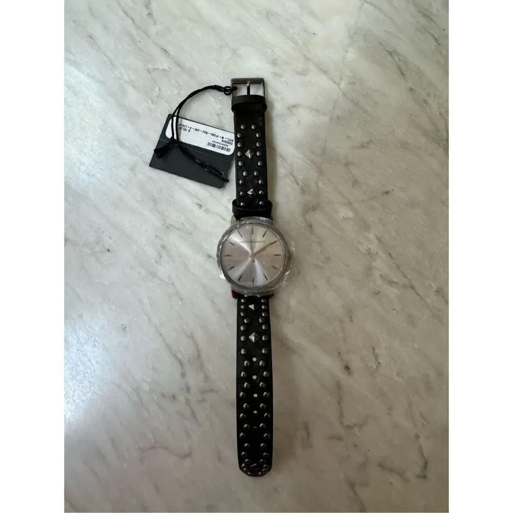 Rebecca Minkoff Black Leather Studded Strap Silver Dial Watch